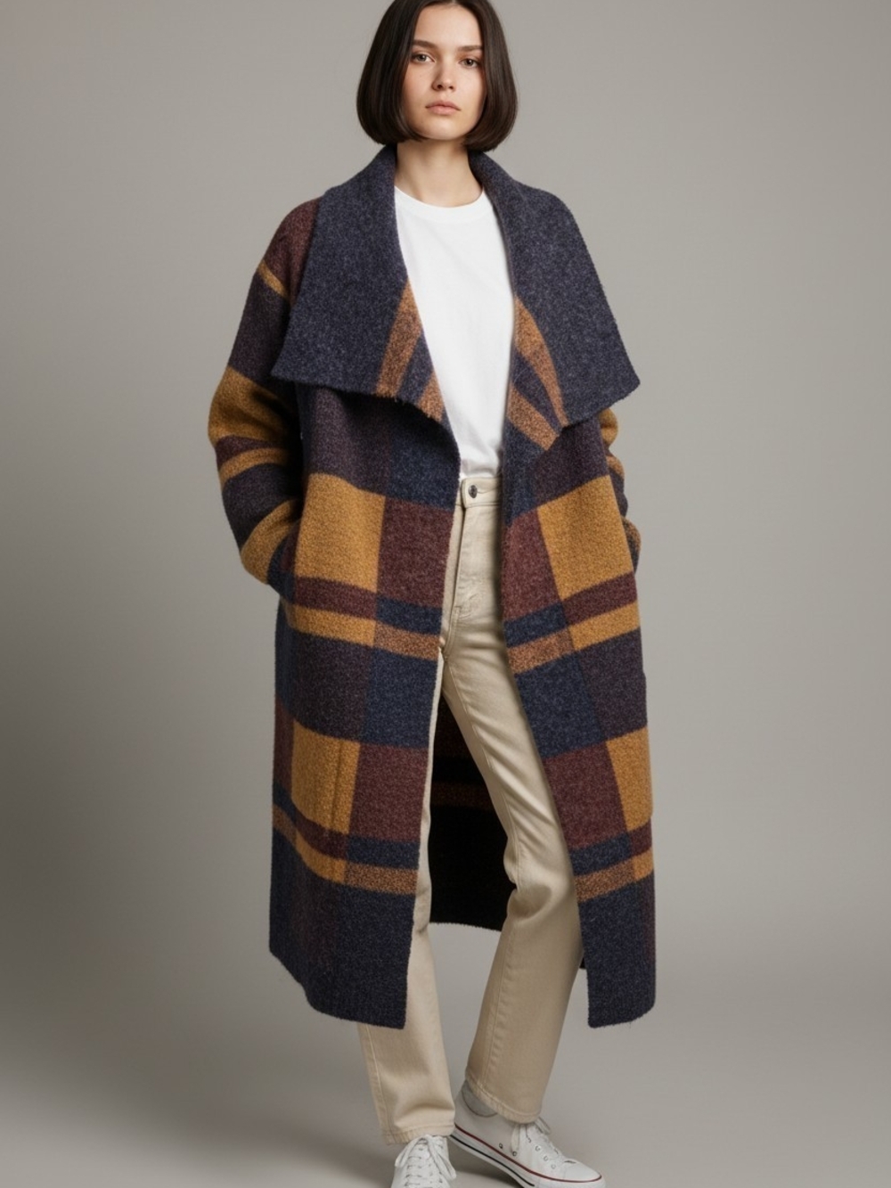 ORANGE Wool-Blend Plaid Long Coat - Navy, Mustard & Brown
